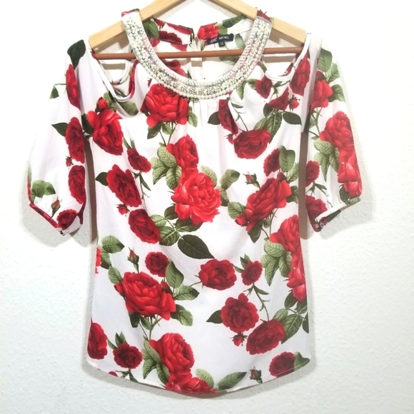 Women's White Floral Cold Shoulder Sar Michel Pearl Neckline Blouse - Picture 1 of 7